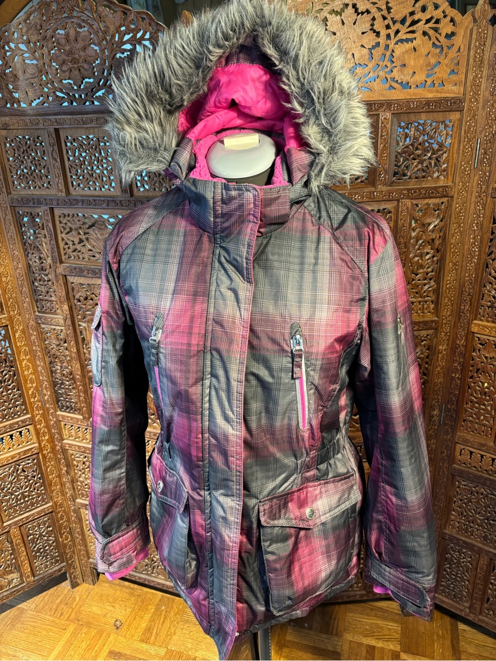 ZeroXposur Women's Pink and Gray Plaid Ski Jacket with Faux Fur Hood